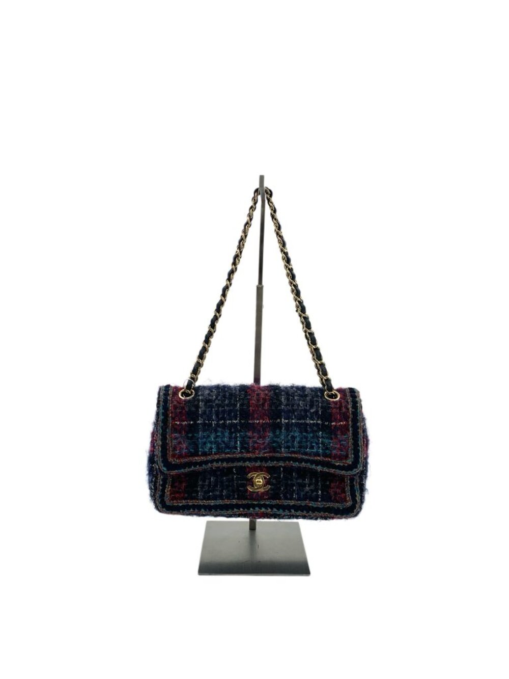 Chanel Classic Flap Color-Block Woven Tweed CC Gold-Tone Chain Shoulder Bag